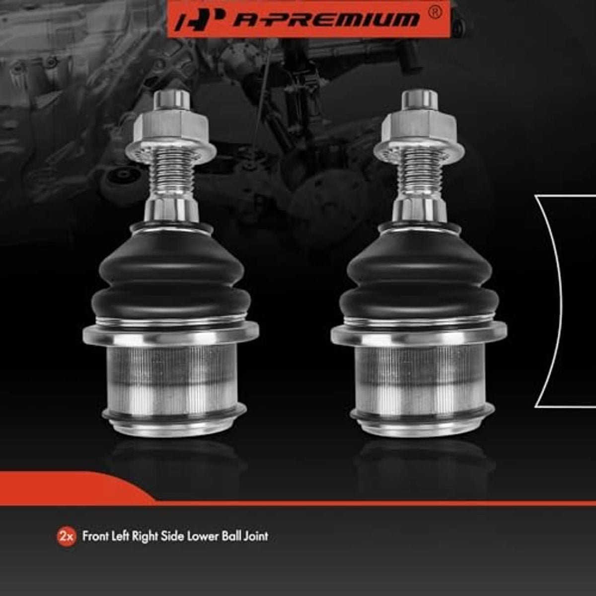 Front left and right lower ball joints with black boots and silver metal caps