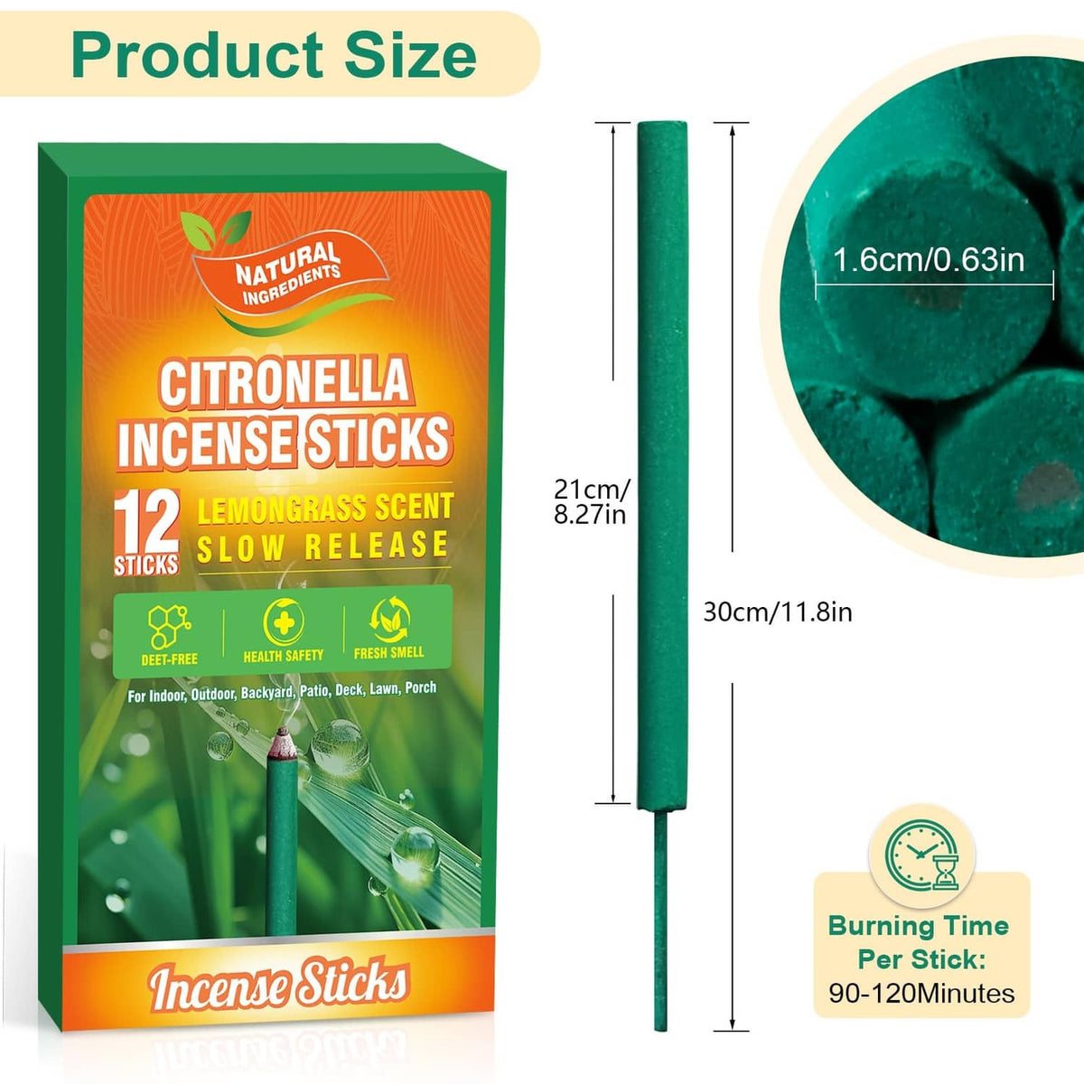 Green citronella incense sticks box with stick size diagram