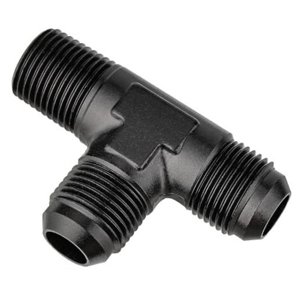 Black T-style AN to NPT adapter fitting with two threaded male ends