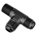 Black T-style AN to NPT adapter fitting with two threaded male ends