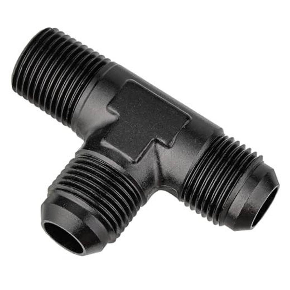 Black T-style AN to NPT adapter fitting with two threaded male ends