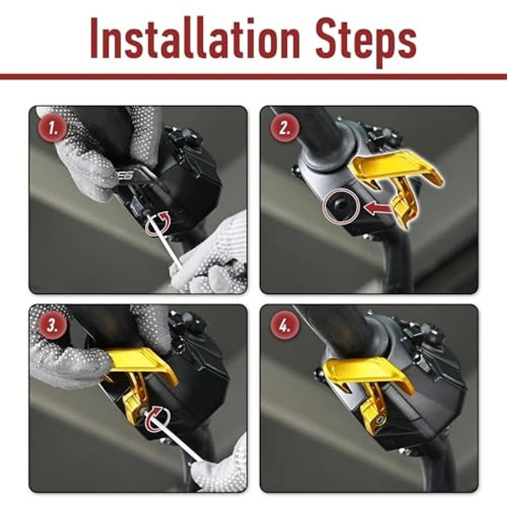 Gold thumb throttle paddle lever shown during installation on motorcycle control