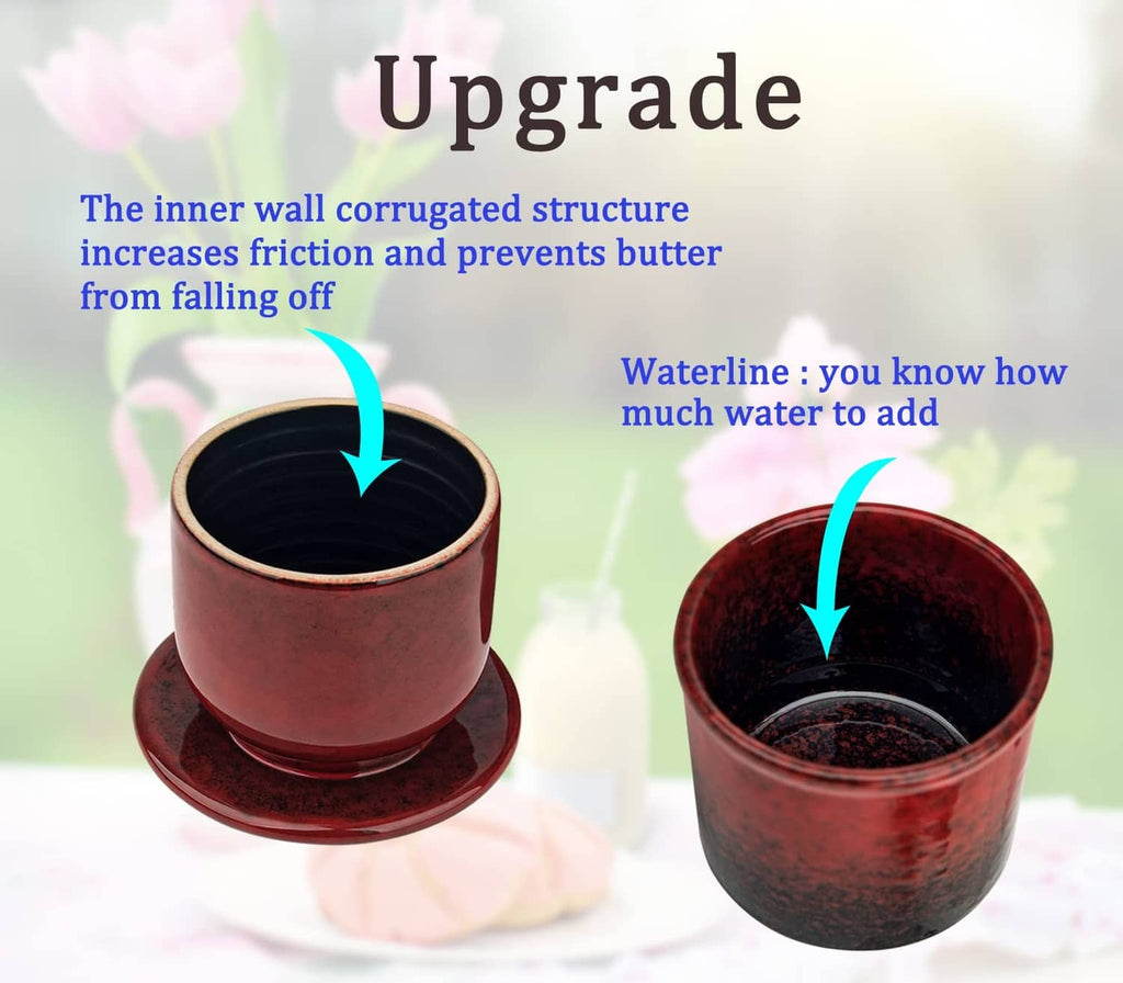 Red butter crock with domed lid, cutaway showing inner water seal and divider.