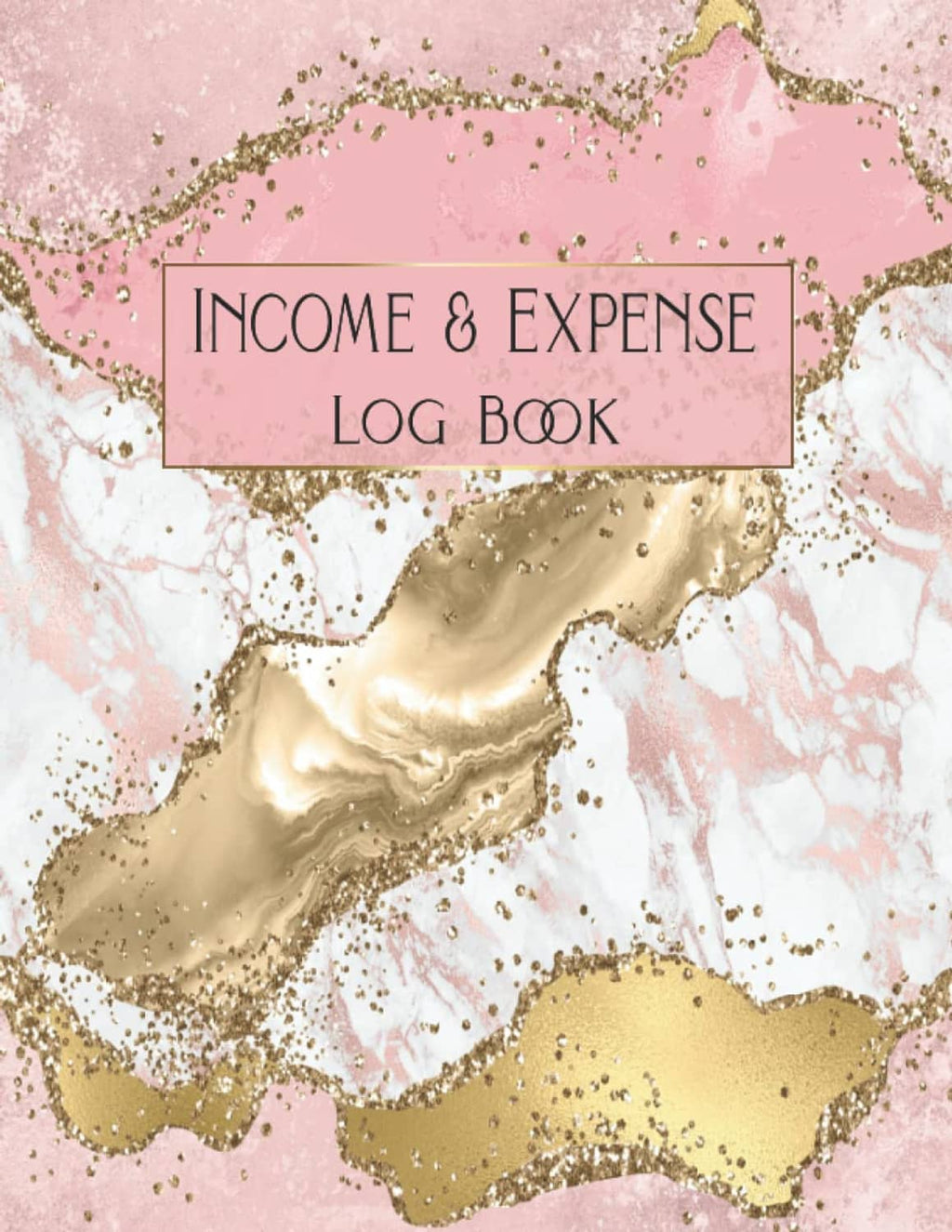 Income & Expense log book cover with decorative marbling and “INCOME & EXPENSE LOG BOOK” text.