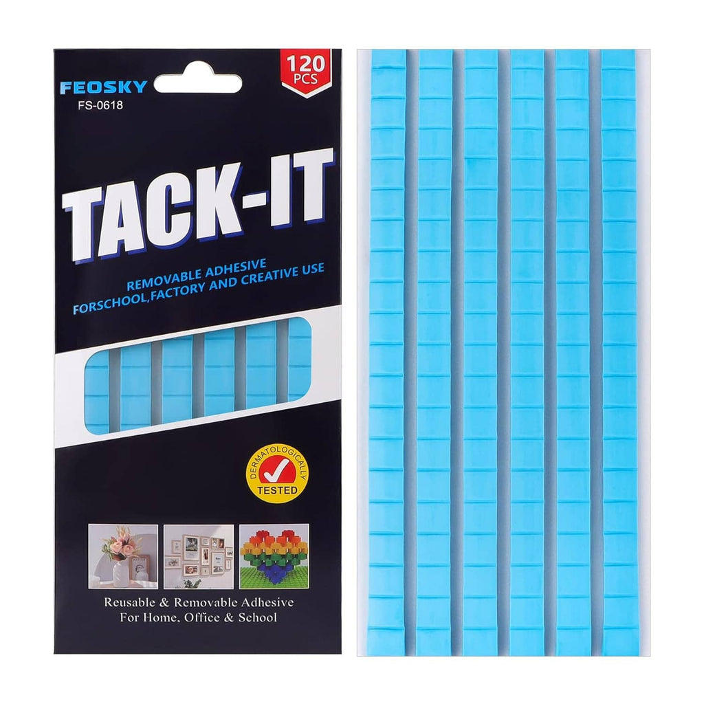 TACK-IT removable adhesive putty pack with blue putty strips and 120 pcs label