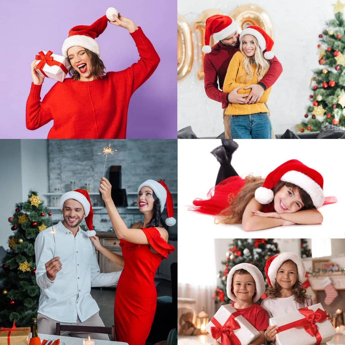 Red Santa hat and candy-cane striped stockings with white pom-pom trim