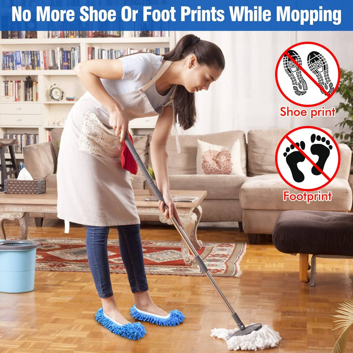 Purple microfiber mop slippers covering shoes while mopping a wood floor
