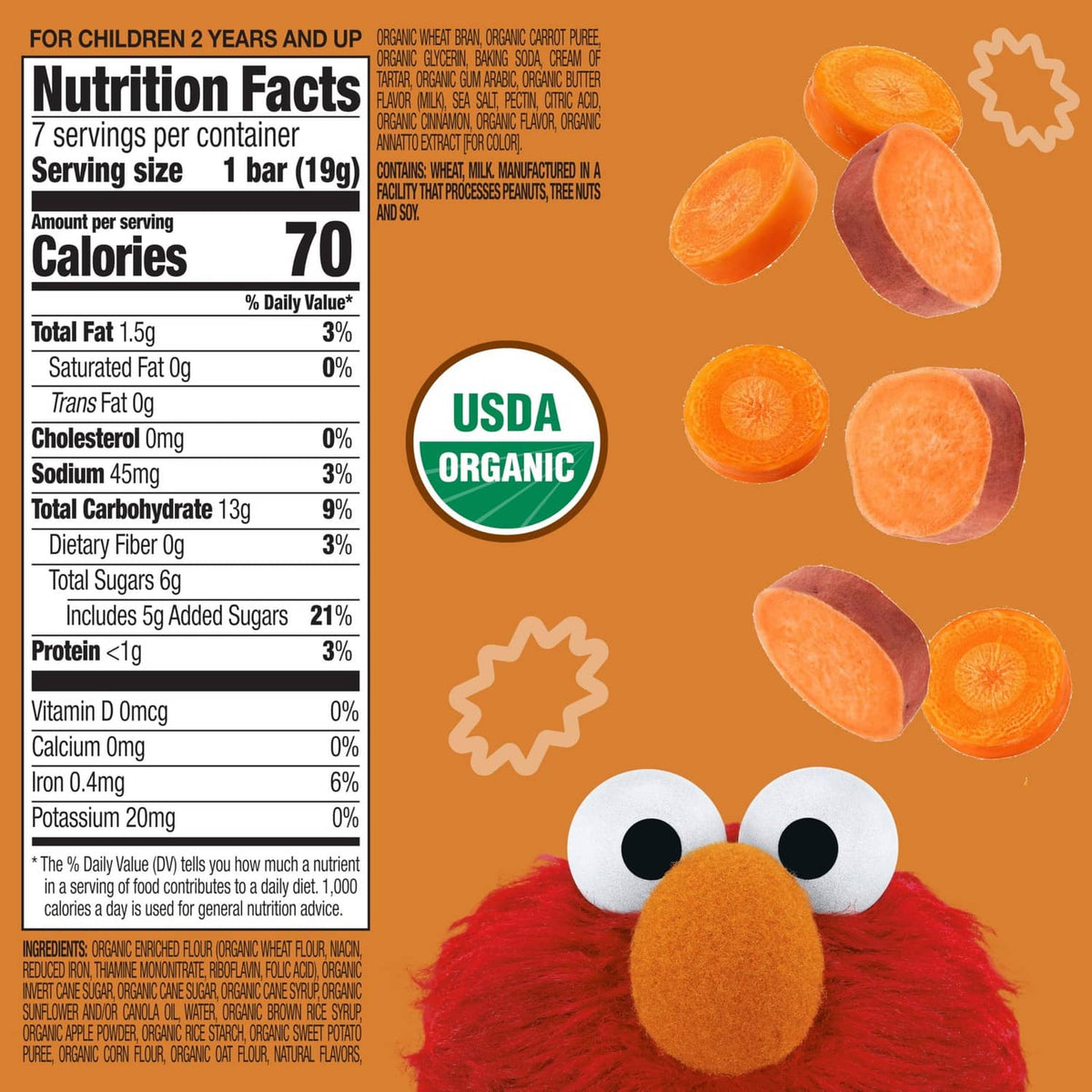 Nutrition Facts panel for USDA organic sweet potato carrot snack bars