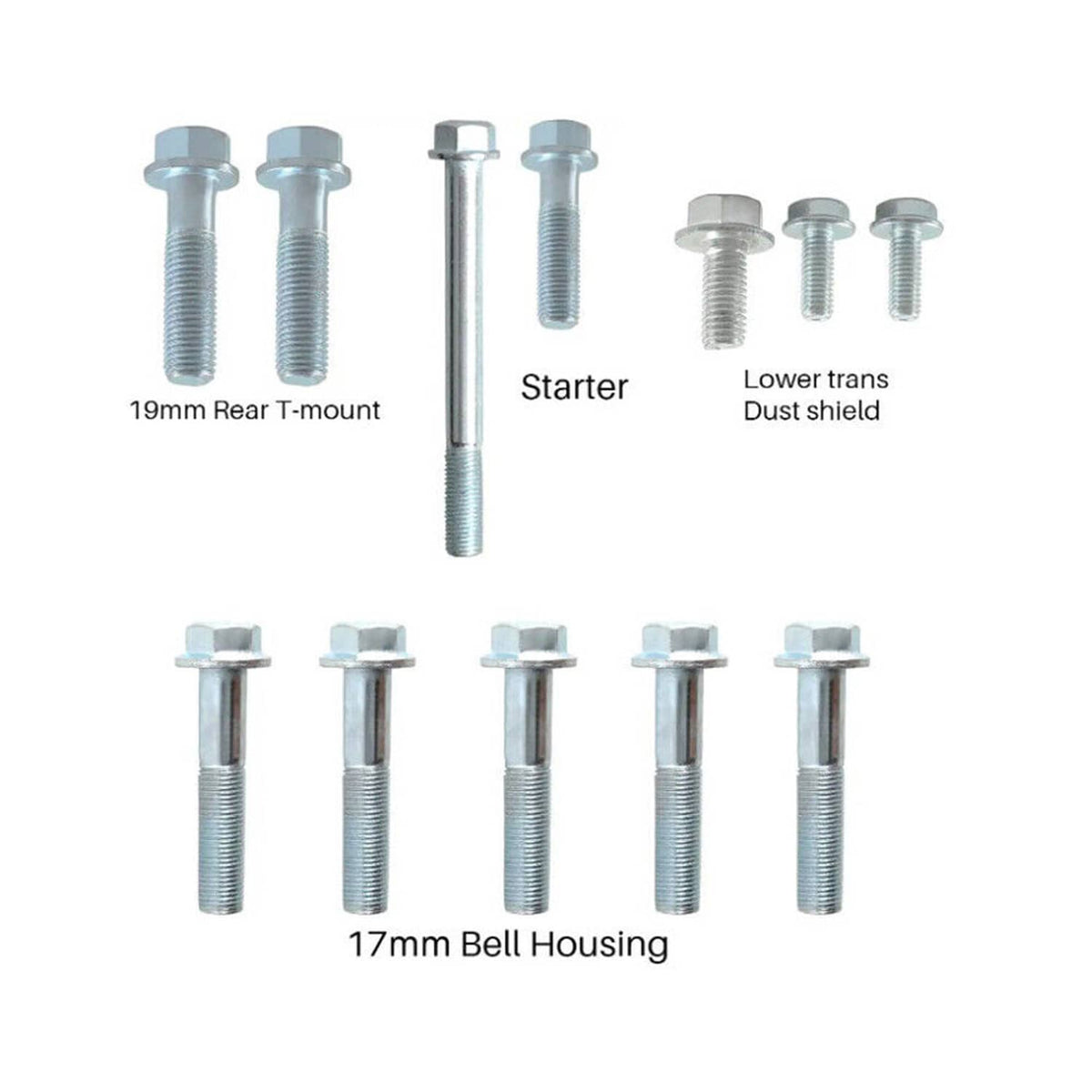 Transmission bolt kit components: threaded bolts with hex heads and sleeves