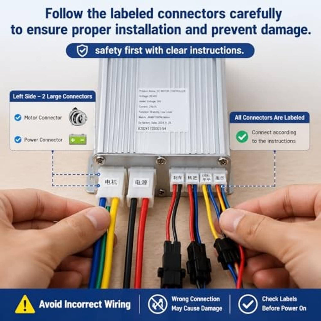 Controller wiring close-up with colored connectors and terminal plugs held by hands