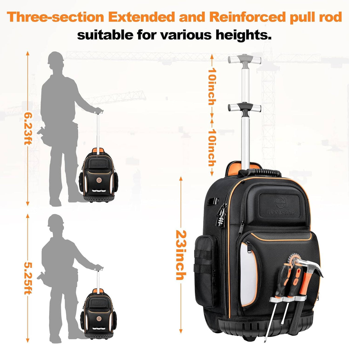 Black tool rolling backpack with adjustable three-section extended pull rod and orange trim