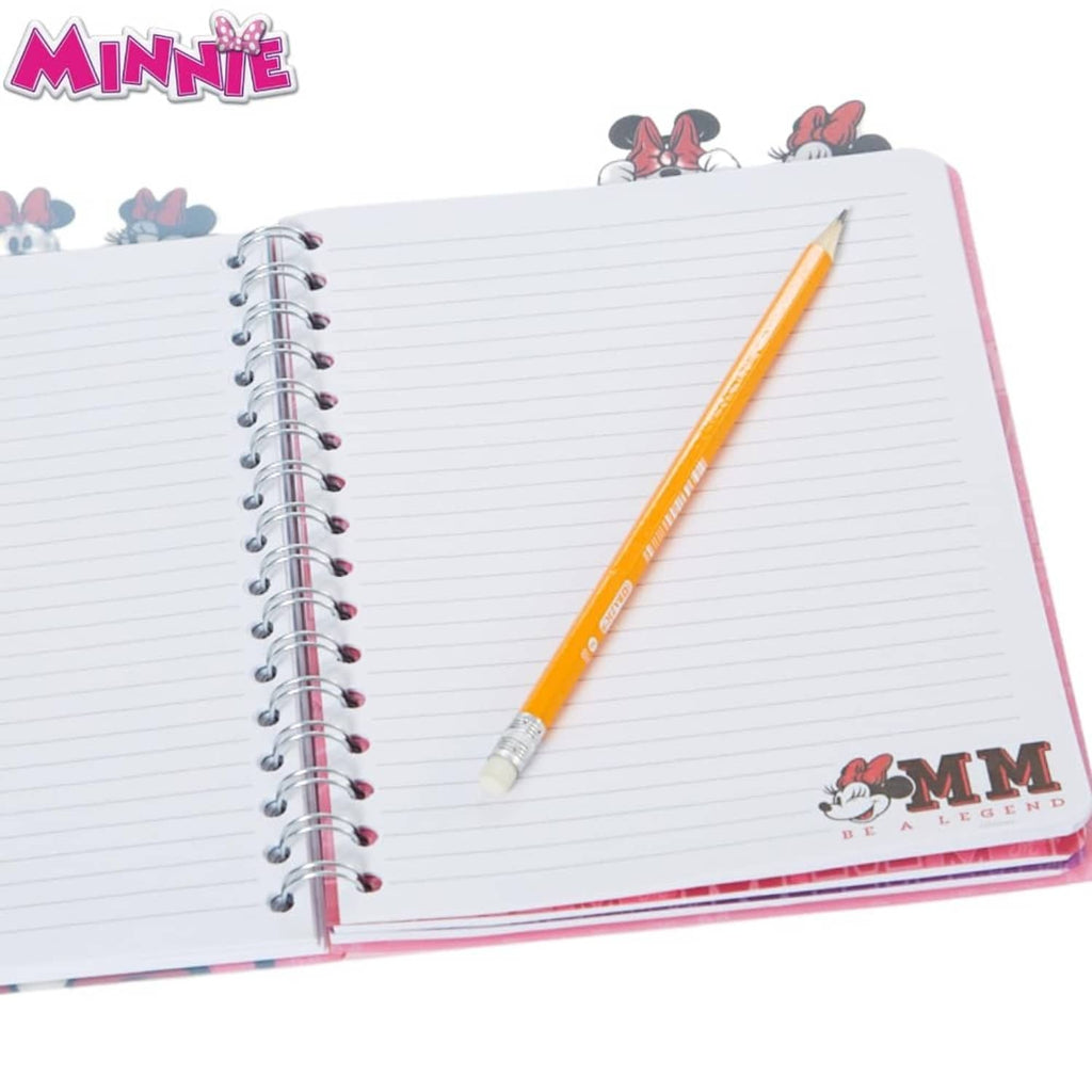Minnie Mouse spiral notebook open with lined pages, pencil, and pink edging.