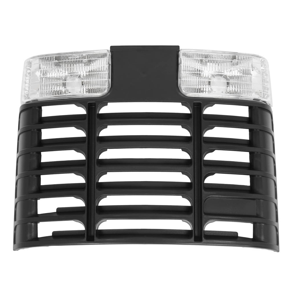 Black ABS grille with clear headlights on both sides and grid of horizontal openings