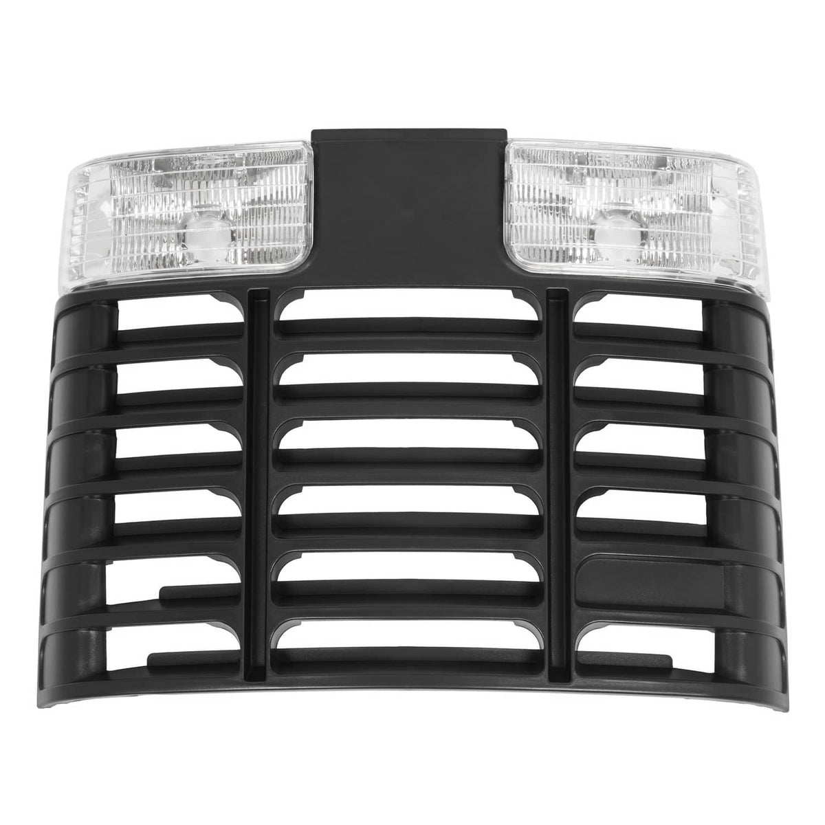 Black ABS grille with clear headlights on both sides and grid of horizontal openings