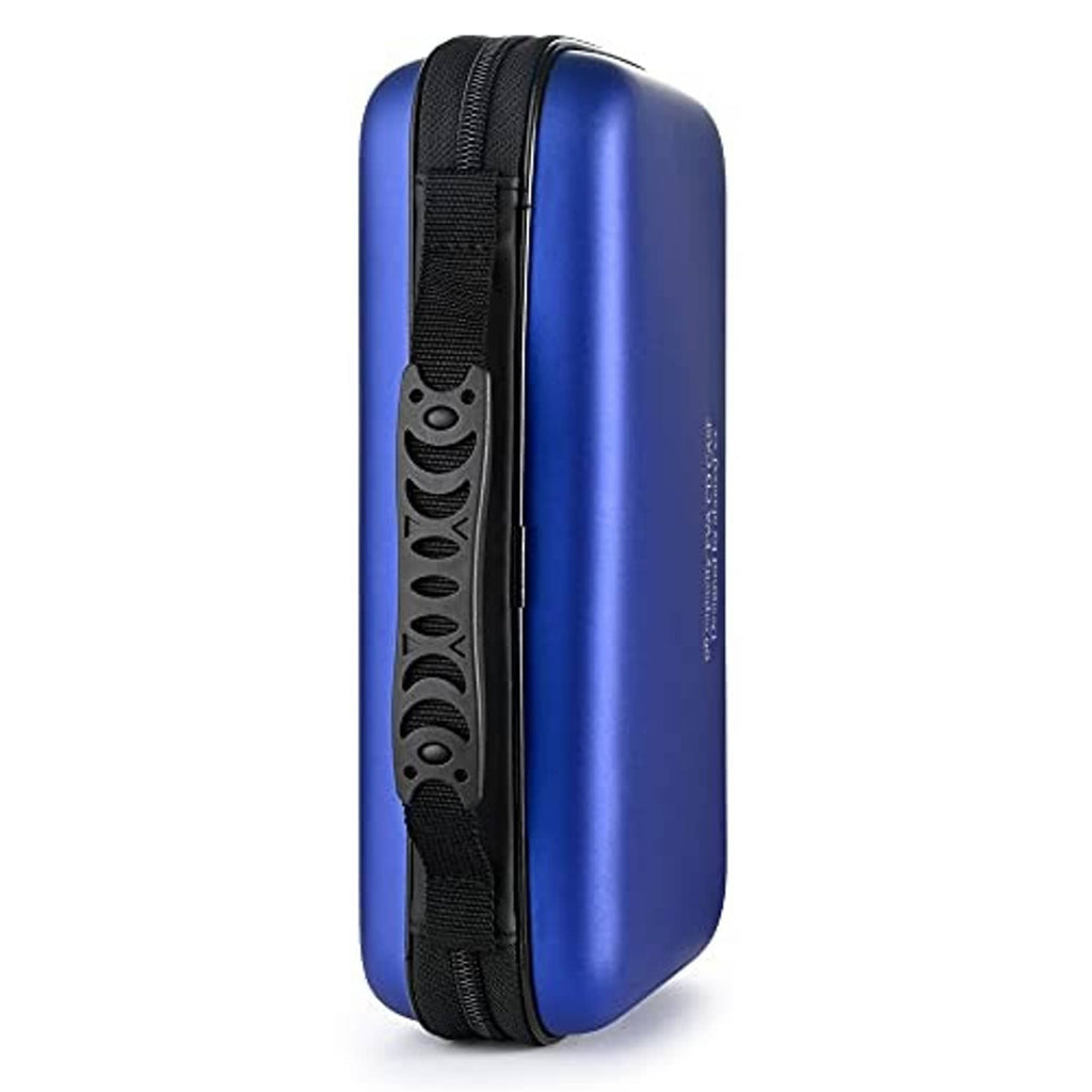 Blue hard EVA CD/DVD case side view with black strap and zipper pull