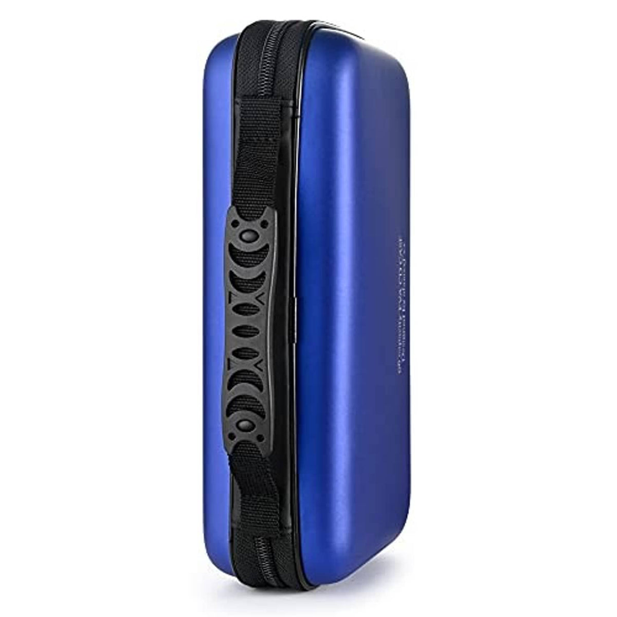 Blue hard EVA CD/DVD case side view with black strap and zipper pull