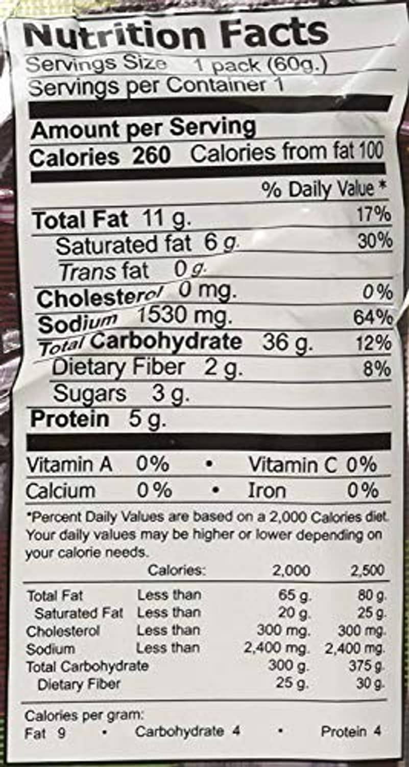 Instant ramen Nutrition Facts panel for 1 pack, serving size 60 g