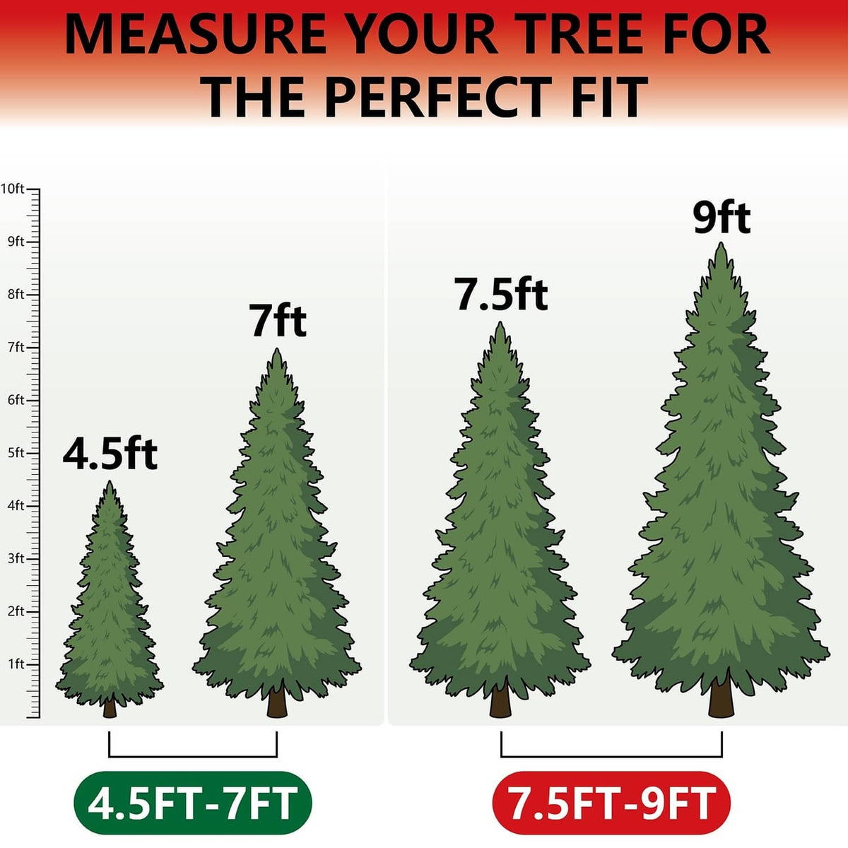 Christmas tree storage bag size chart showing 4.5ft–7ft and 7.5ft–9ft fit