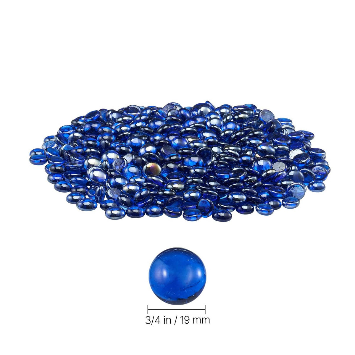 Cobalt blue round fire pit glass beads piled with one bead and size reference