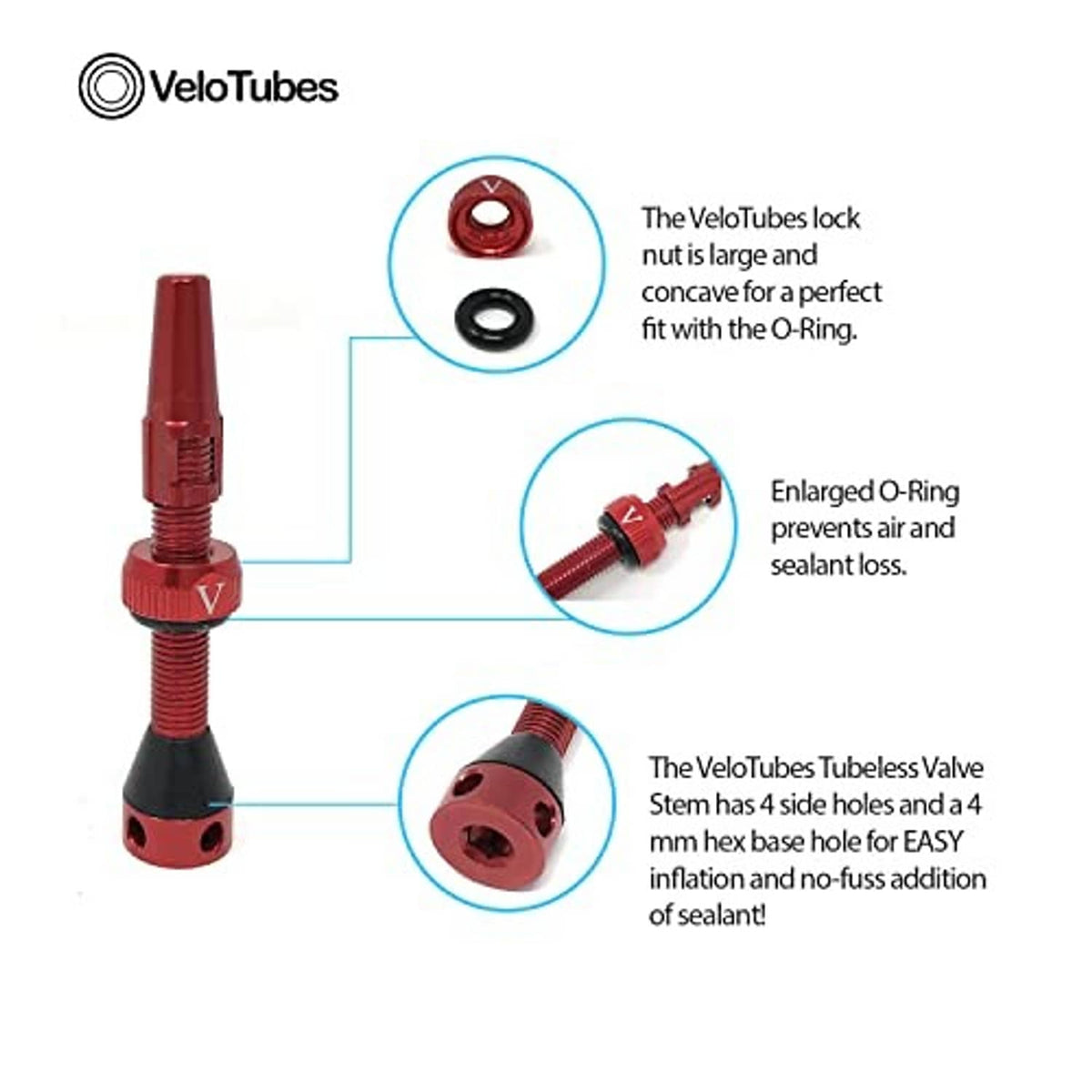Red tubeless Presta valve stem with O-ring and enlarged seal detail circles