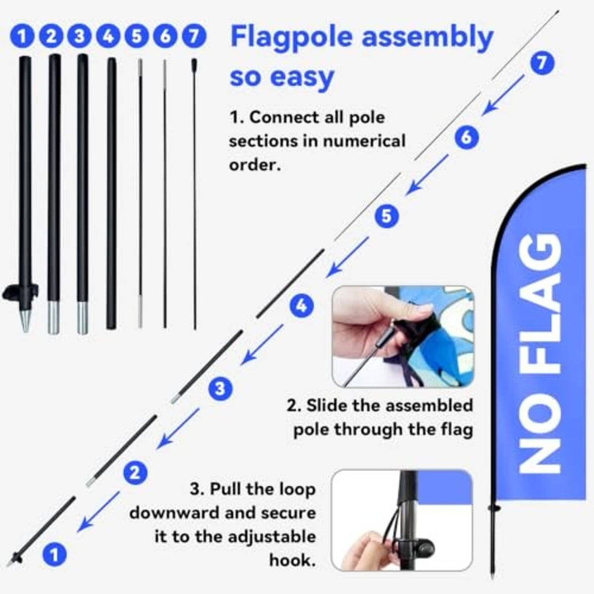 Feather flag pole assembly diagram with numbered pole sections and adjustable hook
