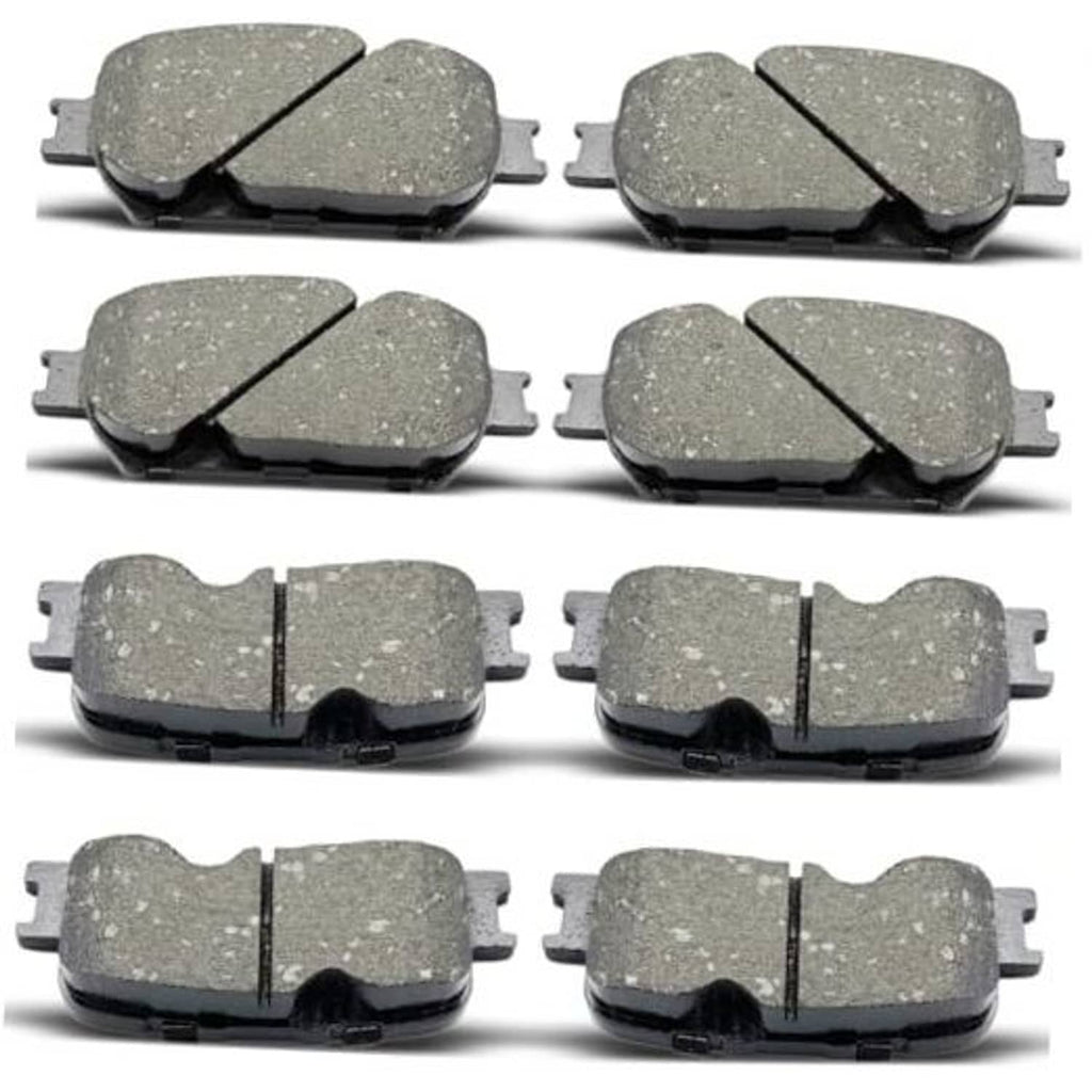 Ceramic brake pad set shown from multiple angles, gray pads with black backing