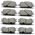 Ceramic brake pad set shown from multiple angles, gray pads with black backing