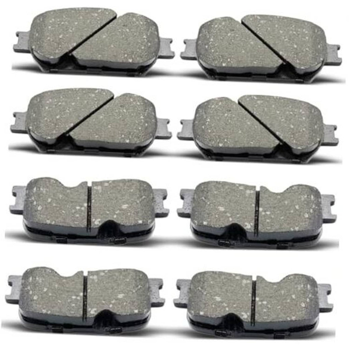 Ceramic brake pad set shown from multiple angles, gray pads with black backing