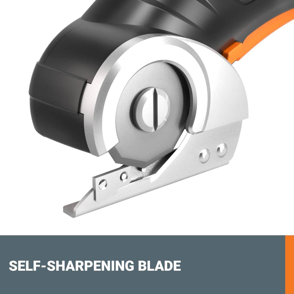 Close-up of black and orange electric scissors with silver self-sharpening blade