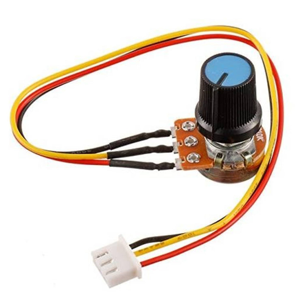 Rotary linear taper potentiometer with knurled shaft, blue cap, and white 3-wire connector