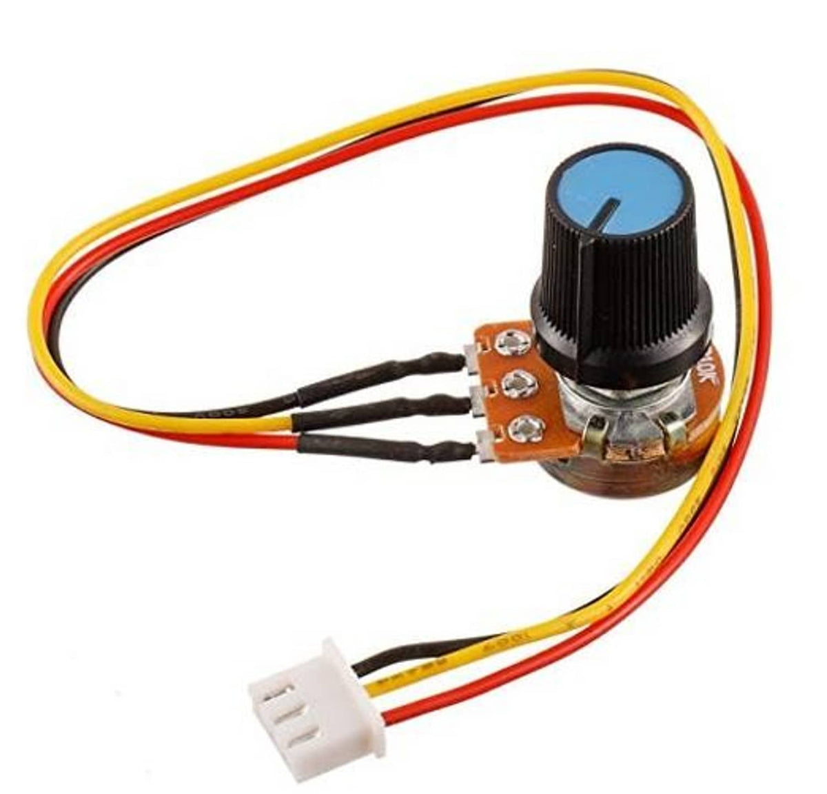 Rotary linear taper potentiometer with knurled shaft, blue cap, and white 3-wire connector