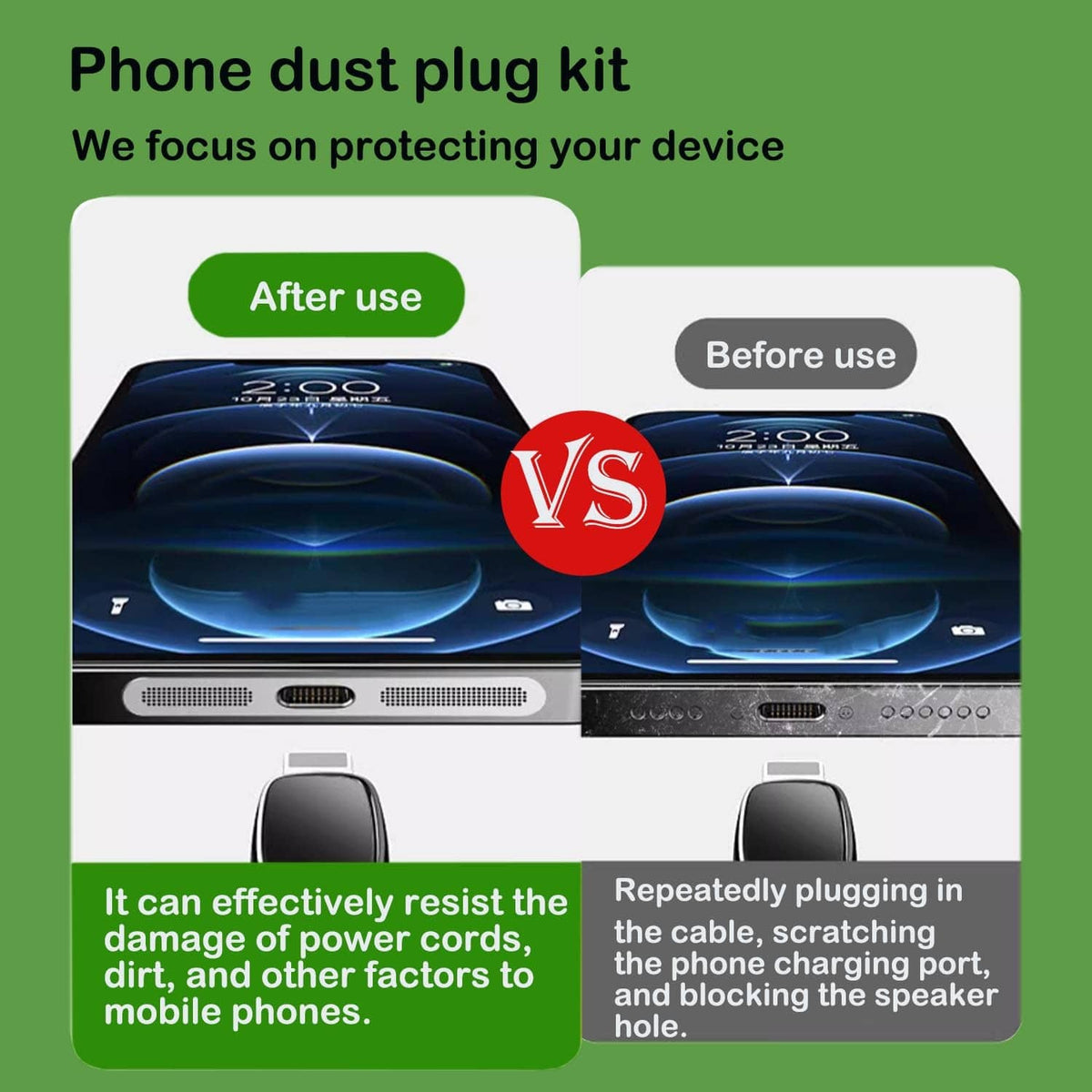 Phone dust plug kit with protective port covers for charging and speaker holes