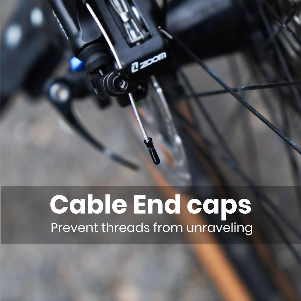 Brake cable end caps for preventing fraying, shown on cable ends