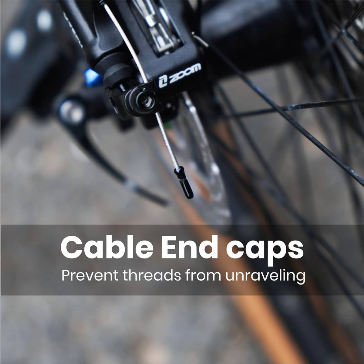 Brake cable end caps for preventing fraying, shown on cable ends