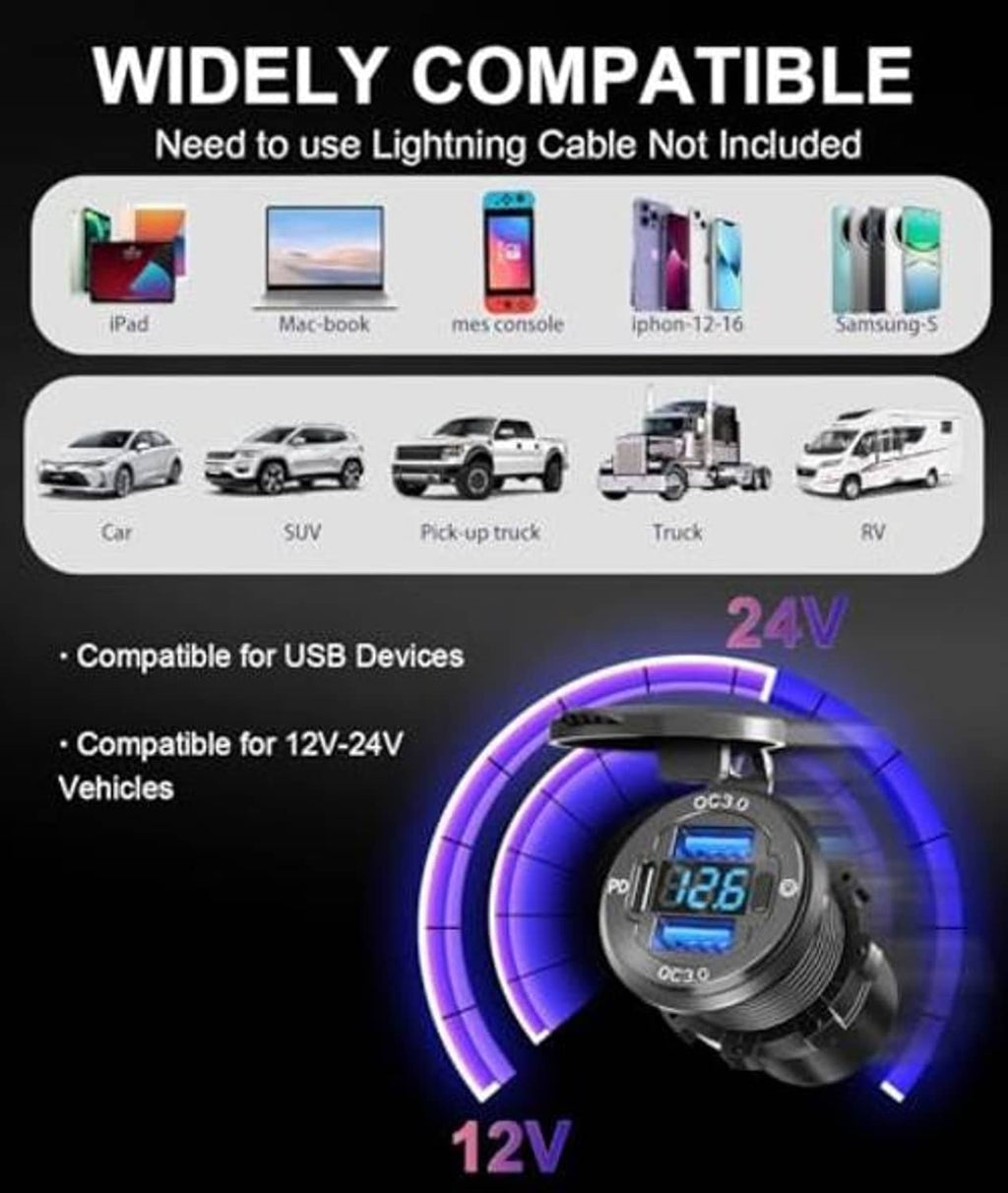 12V car USB outlet with blue LED ring, PD and QC3.0 ports, voltmeter display