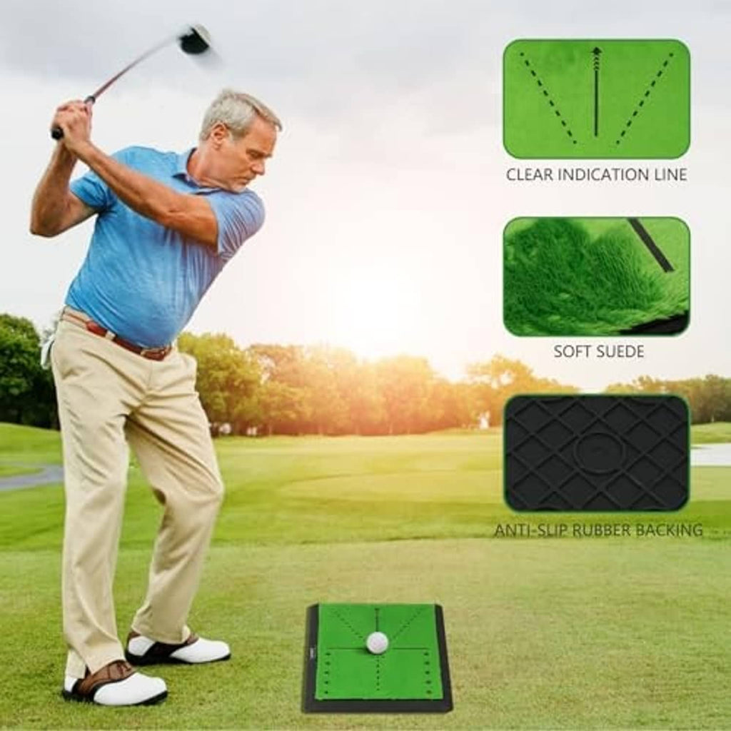 Golf hitting mat on the ground with green target markings for swing path feedback