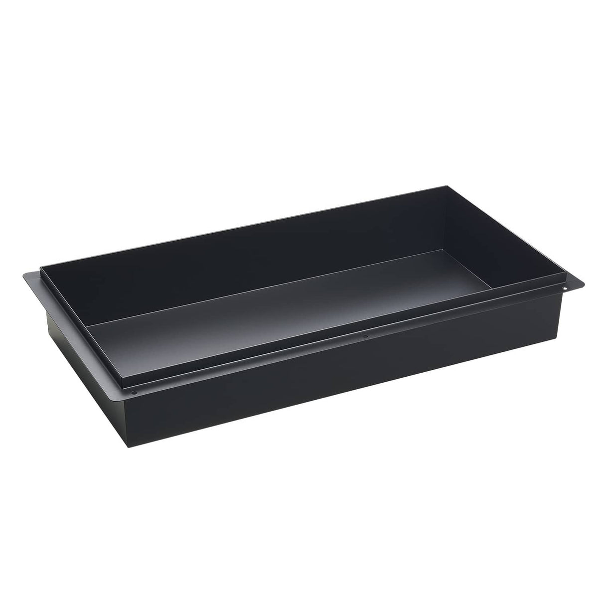 Black rectangular shower niche recessed shelf, angled view with flat bottom
