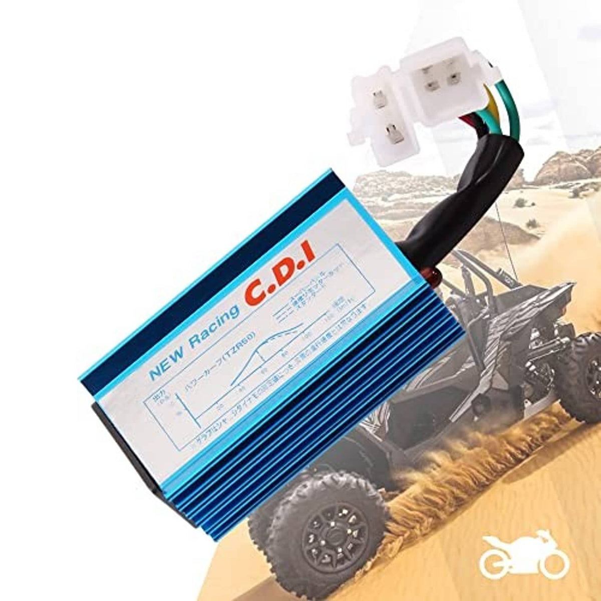 Blue CDI ignition box with wiring and white connector, mounted on ATV scene