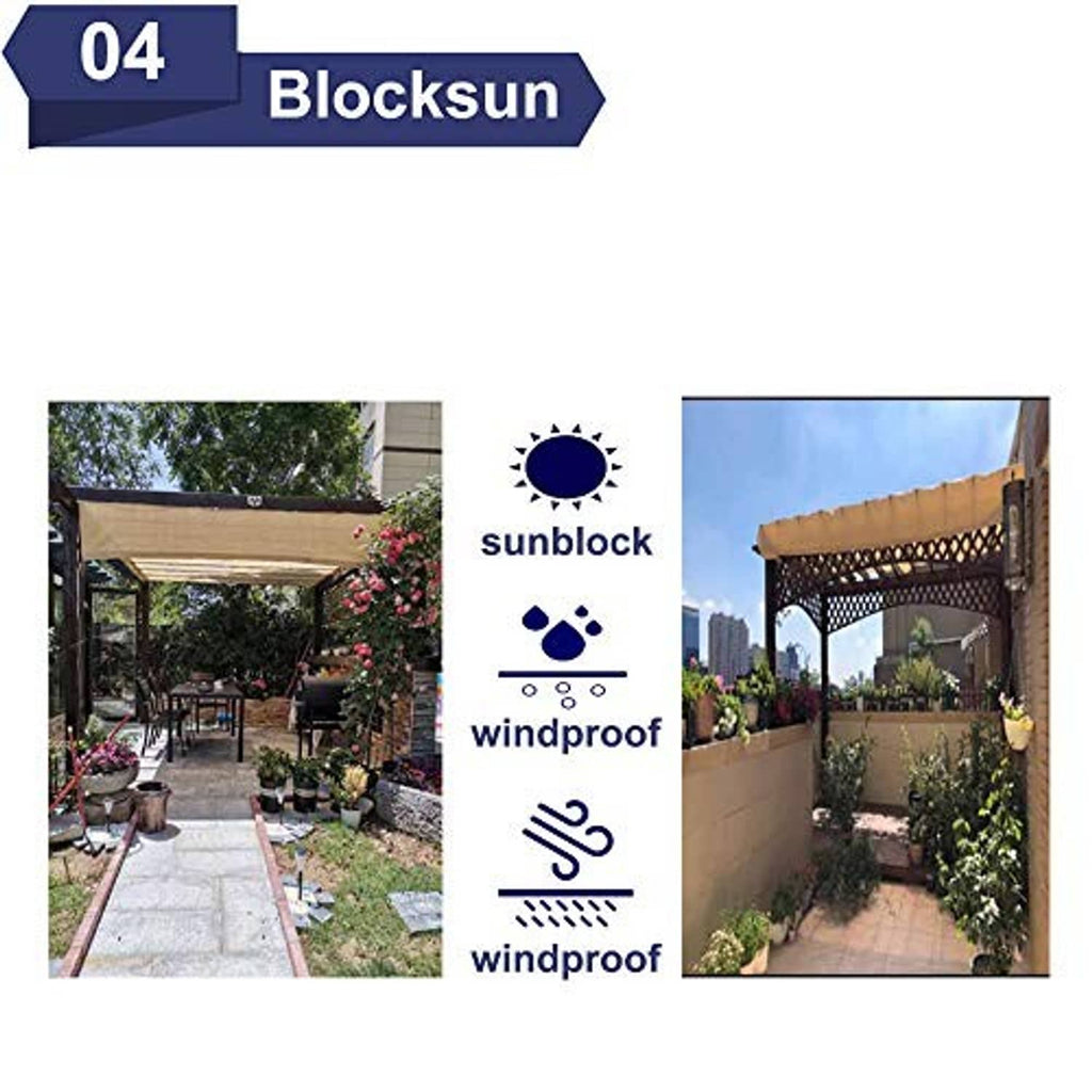 Tan shade sail shown over outdoor patio seating, with corner grommet attachments