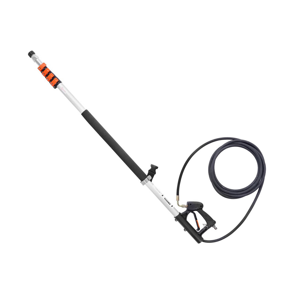 Telescoping pressure washer wand with black hose and quick-connector fitting