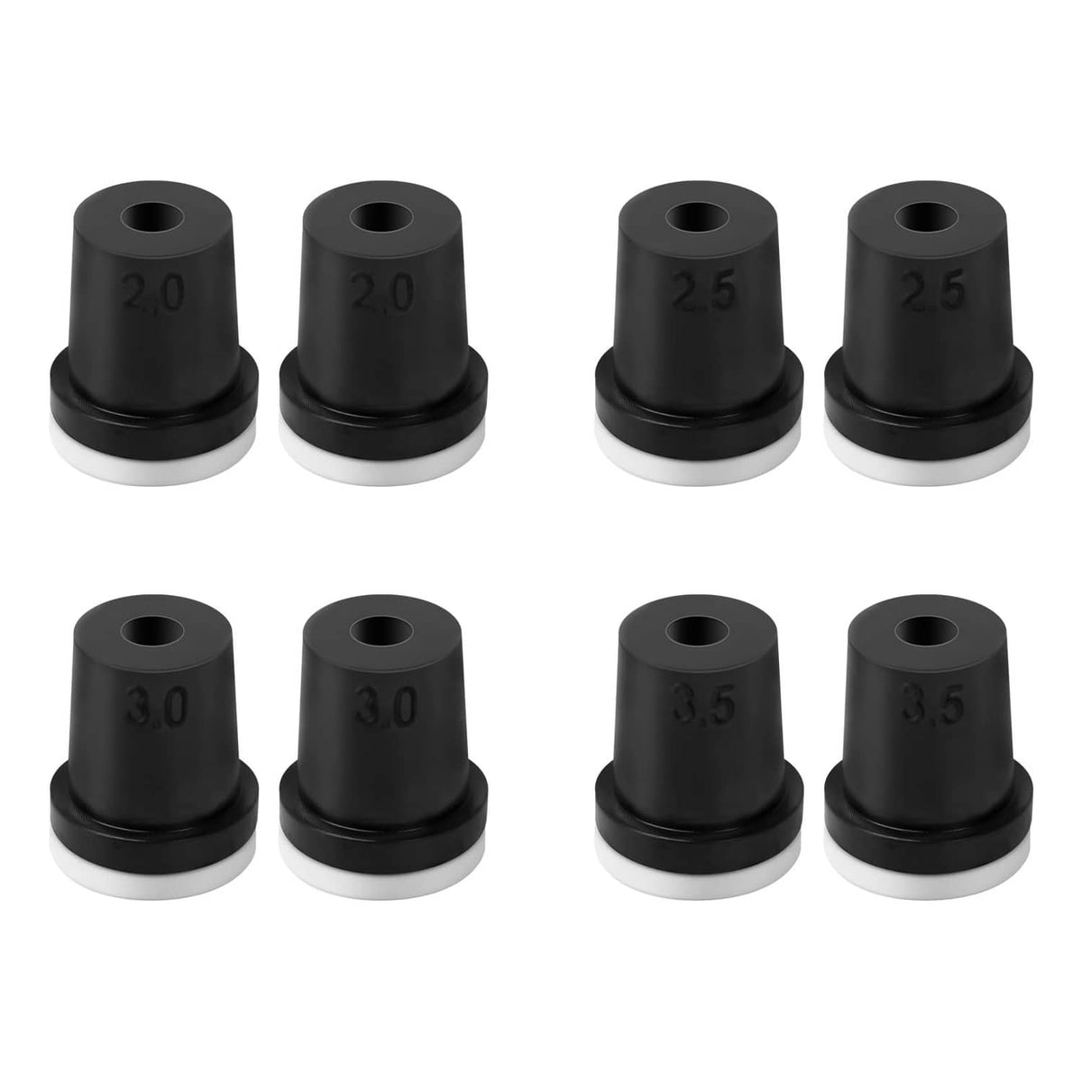 Sandblaster nozzle tips set of eight: black caps labeled 2.0, 2.5, 3.0, 3.5 with white bases