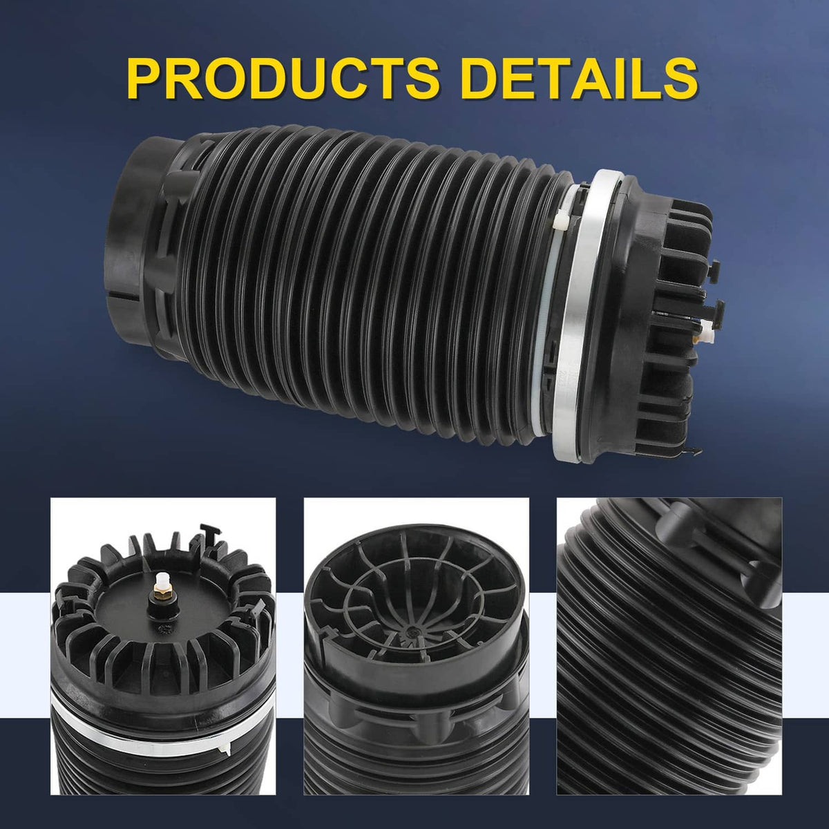 Black air suspension spring bag with flanged top and ribbed coil bellows, detail view