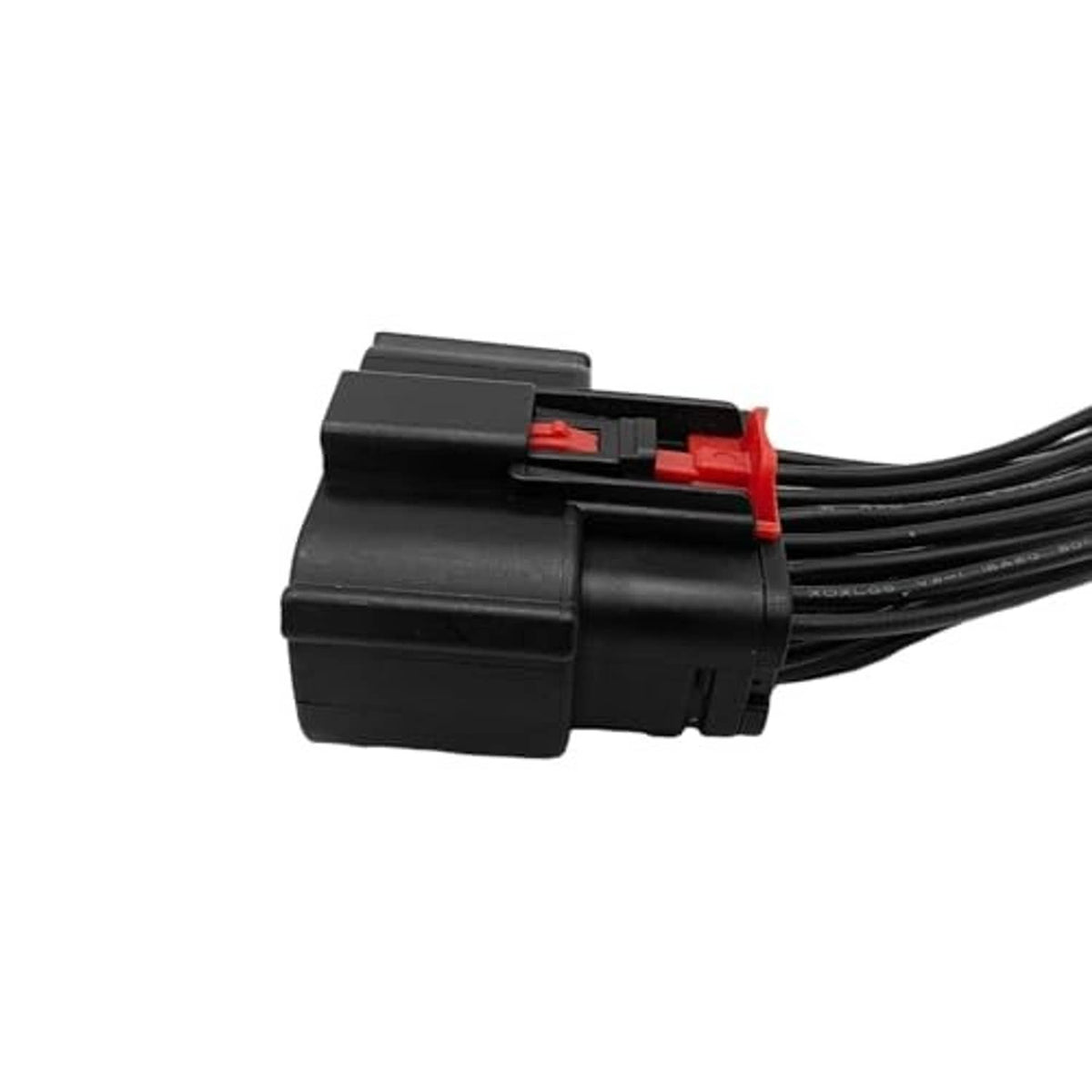 Headlight wiring connector pigtail harness, black housing with red slide lock and wire leads