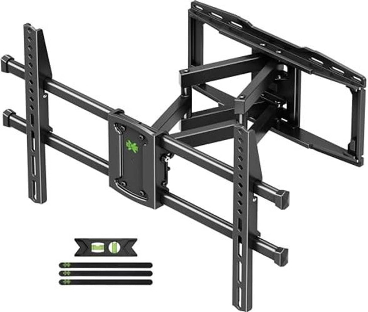 Full motion TV wall mount kit with wall plate, arms, and leveling bubble