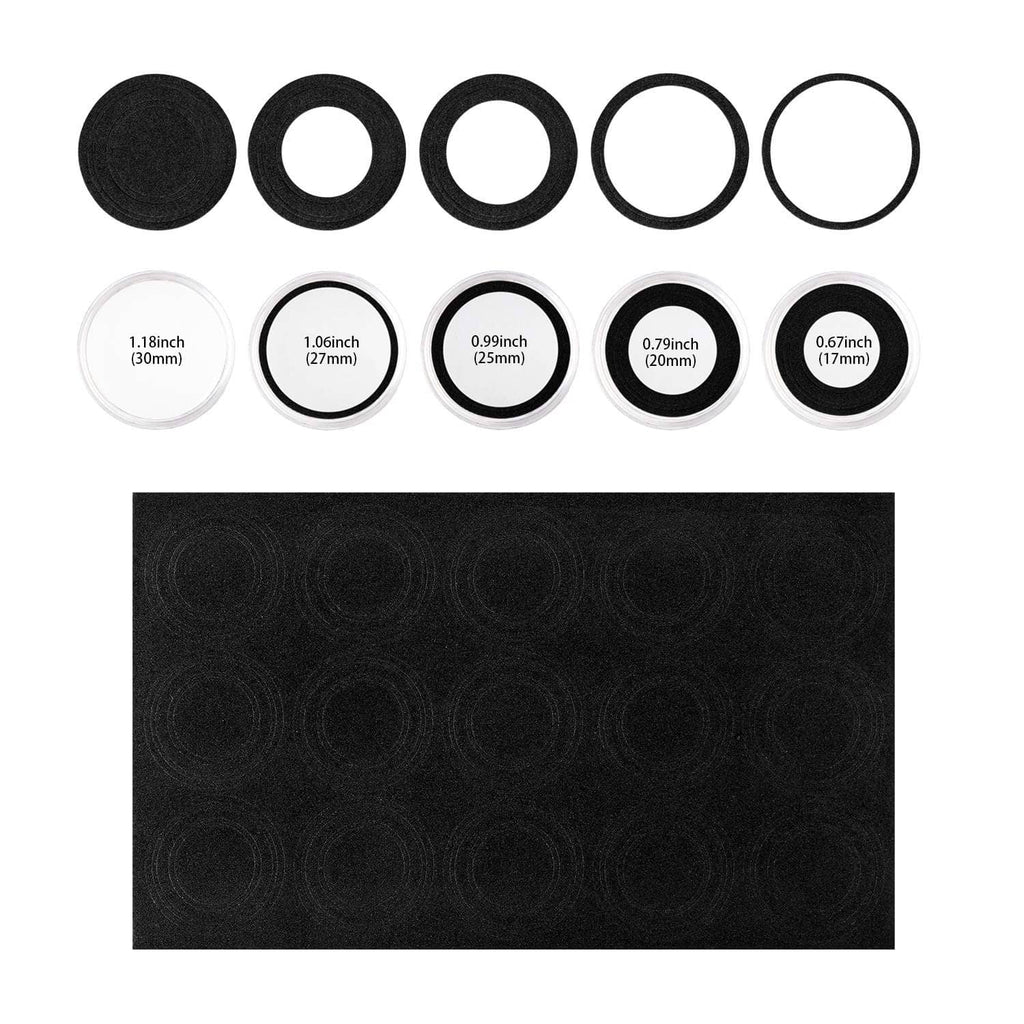 Coin capsule size rings and black inserts set, showing five diameter options