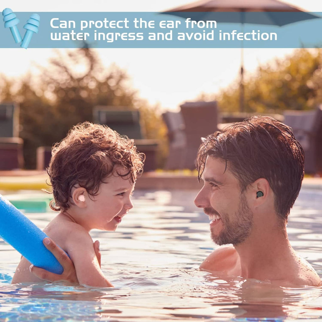 Blue earplug pair graphic indicating water protection