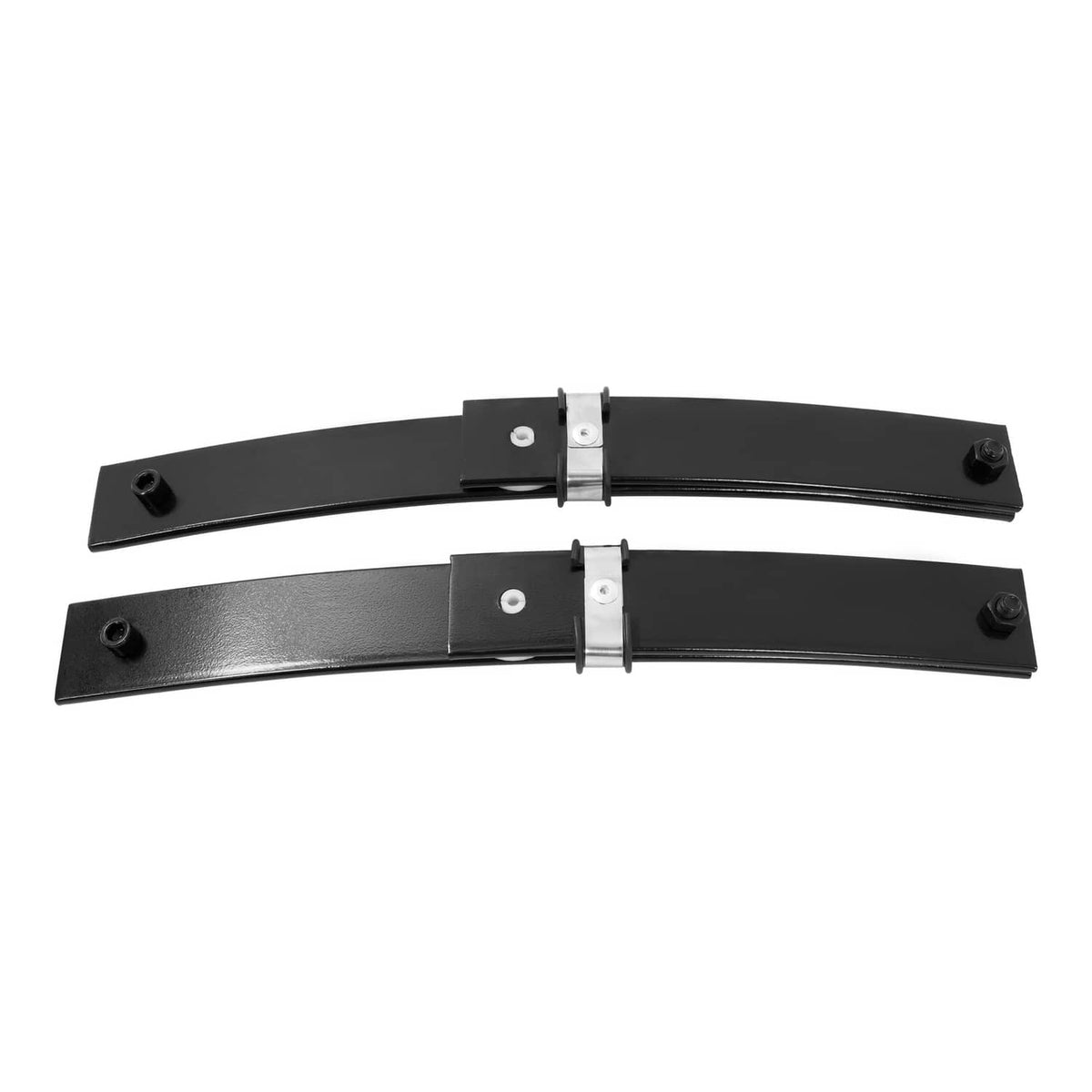 Front leaf spring set showing black curved plates with center clamps and end bolts