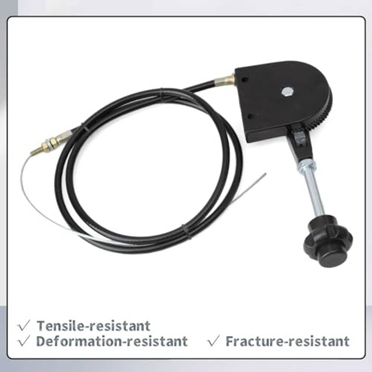 Throttle control cable set with black actuator plate, lever rod, and cable with fittings