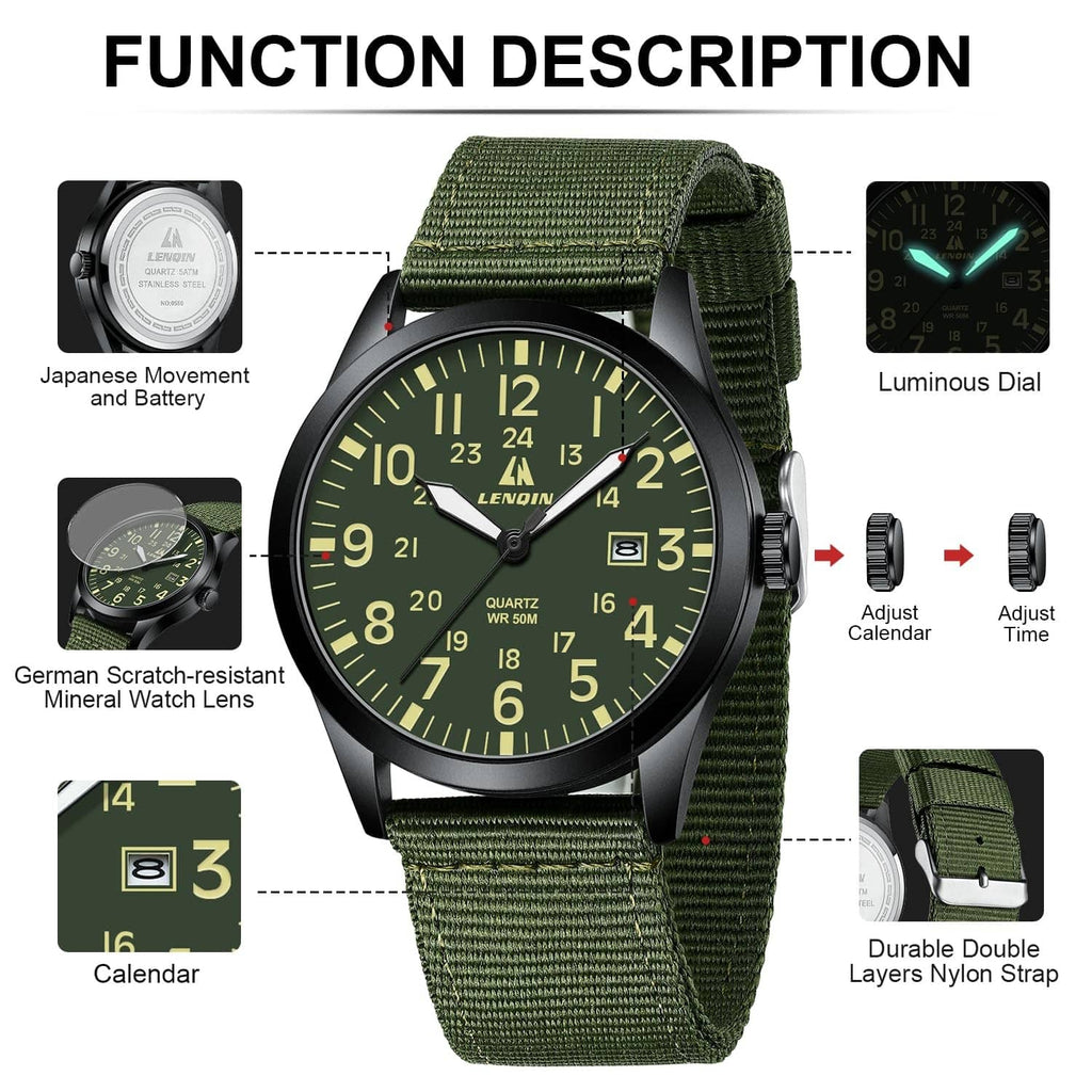 LN LENQIN men's watch features graphic with green nylon strap and luminous dial