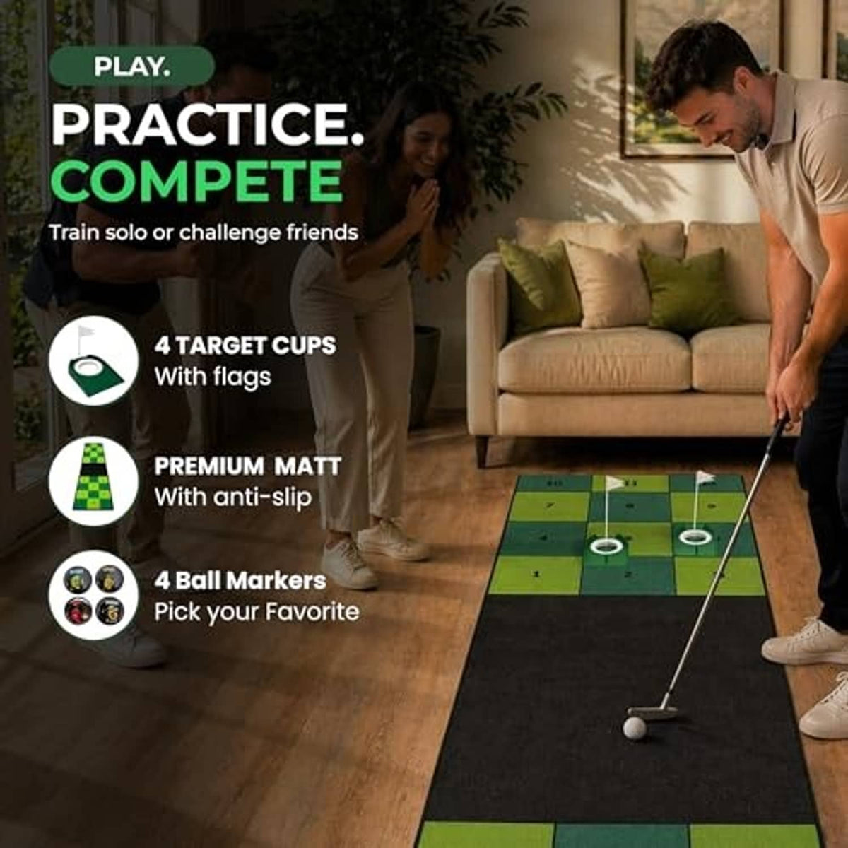 Indoor putting mat in green and black with four target cups on a floor mat layout
